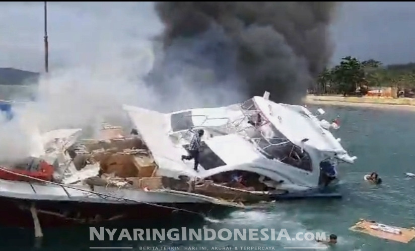 Foto: Tangkapan layar video tragedi terjadinya Speedboat meledak di Pelabuhan Bobong Maluku Utara